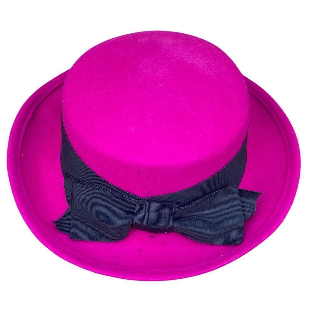 Vintage Fuchsia Pink Hat WPL 4384 100% Wool USA w/Black Bow Band Derby
